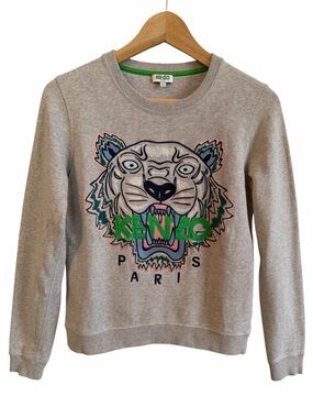 Kenzo Paris Tiger Sweatshirt Women Size S Gray Cotton Crew Long Slv Embroidered